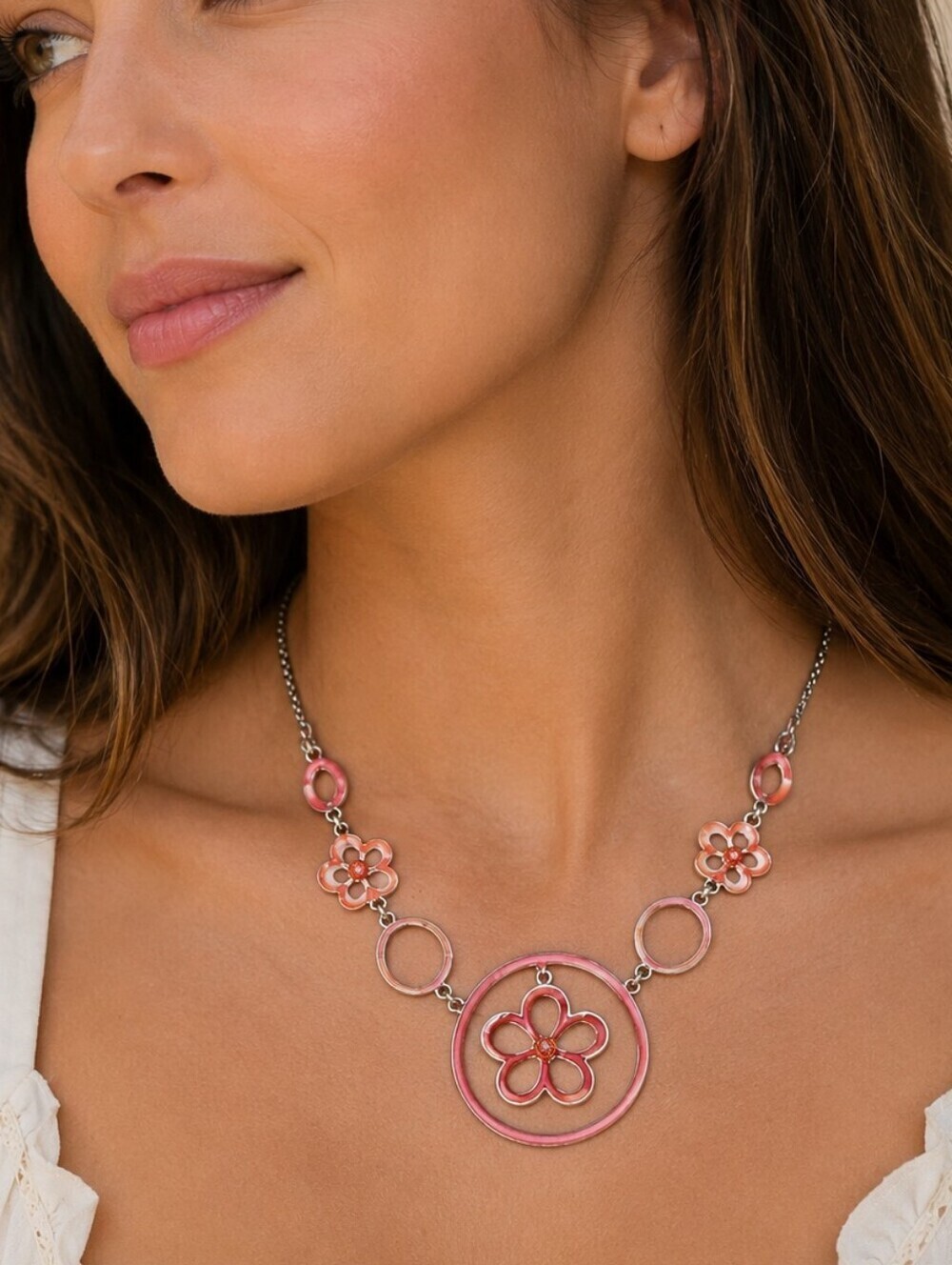 3/$30 Vintage Pink Floral Circles Snake Chain Necklace